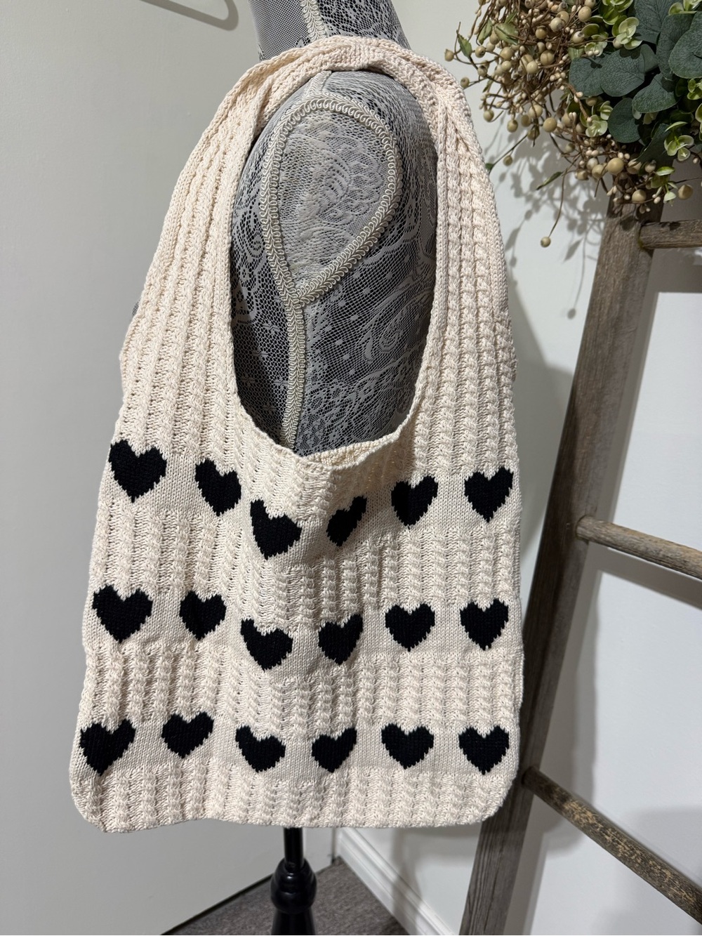 Cream Knit Shoulder Bag with Black Heart Pattern